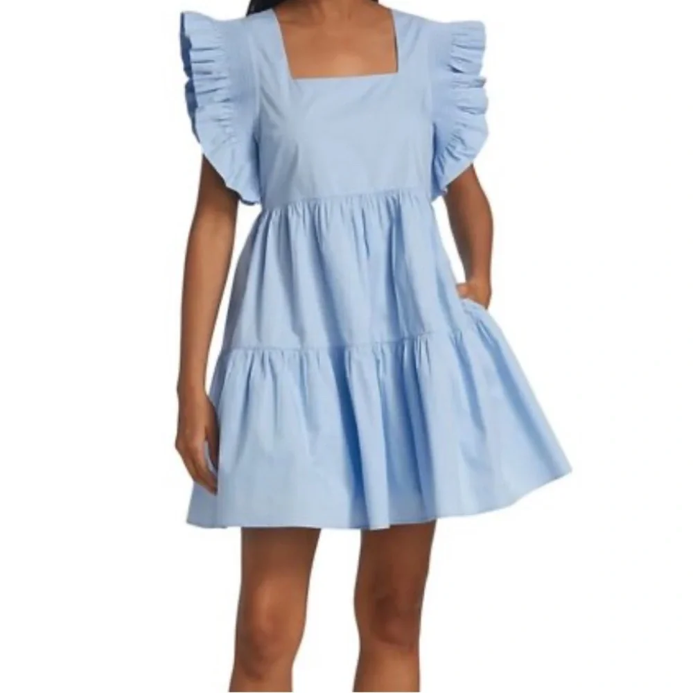 NWOT English Factory Size XS Blue White Striped Ruffle Sleeve Dress Short